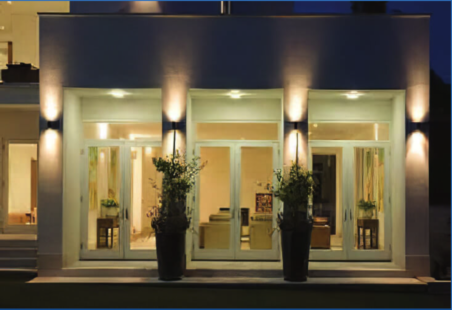 Lit entrance to the home